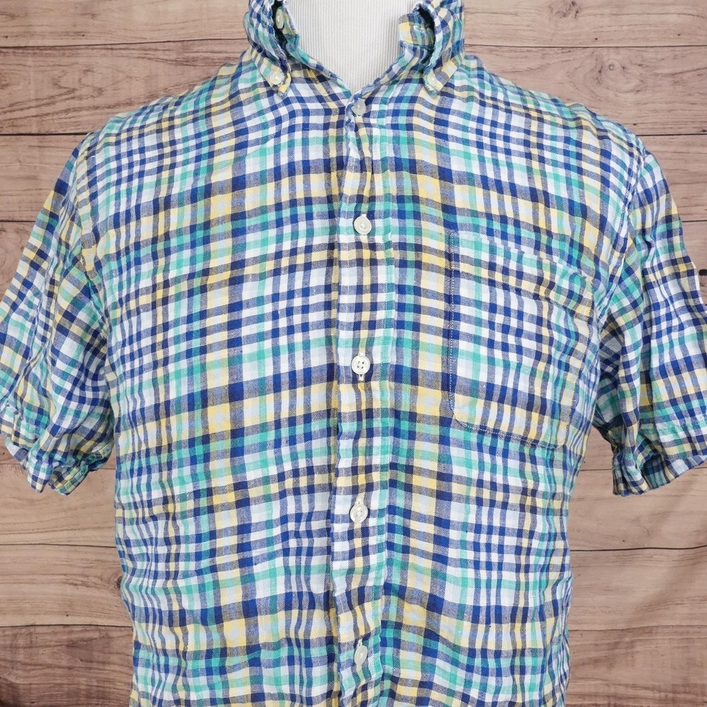 Brooks Brothers Shirt Mens L Plaid Short Sleeve Button-Up 100% Linen Casual